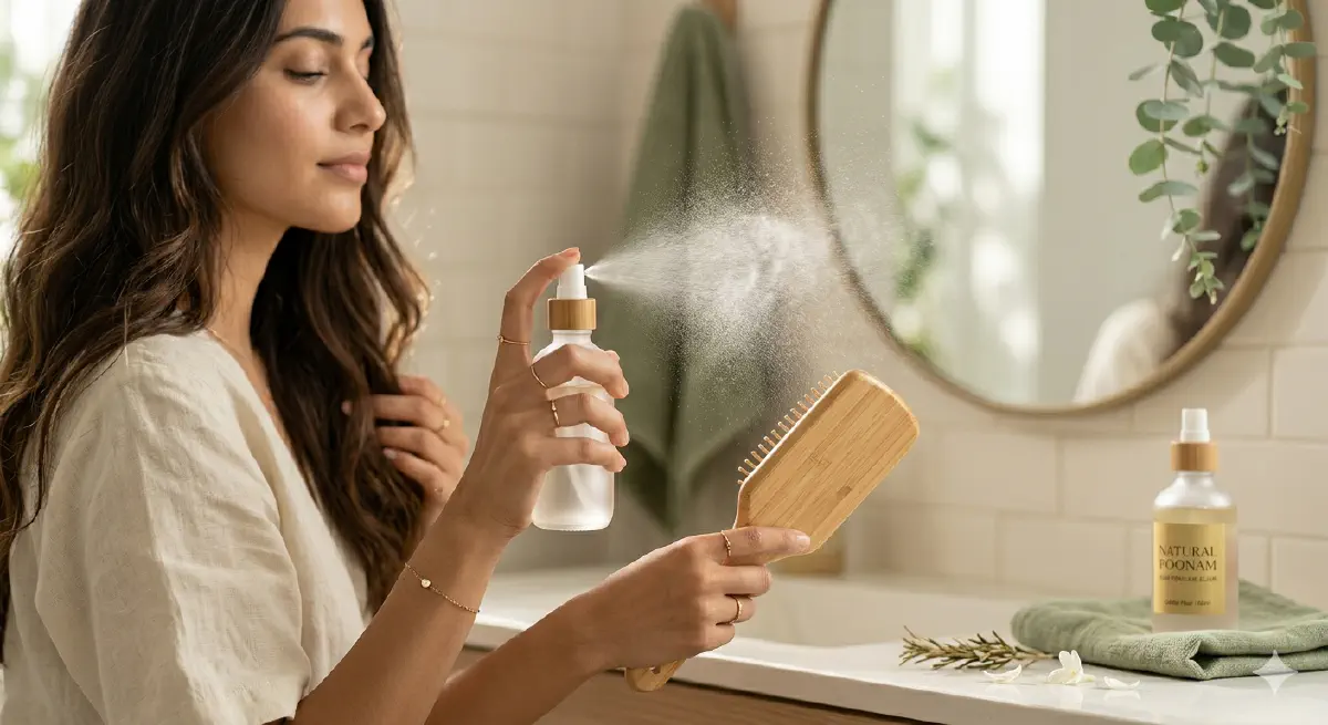 Woman applying natural hair growth mist to long healthy hair in a minimalist bathroom