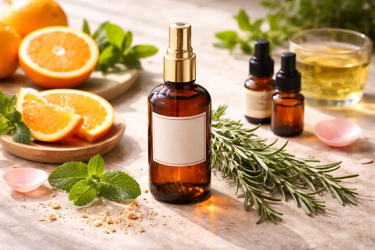 DIY hair perfume elixir with orange, peppermint and rosemary essential oils for shine and hair growth