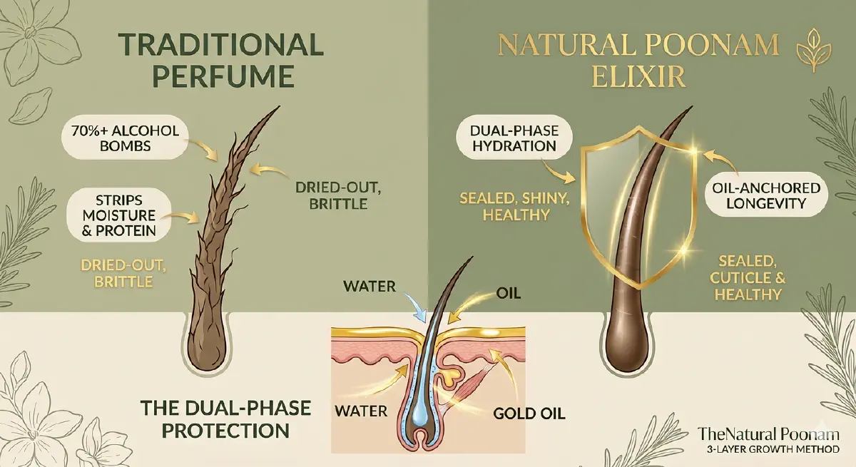 Comparison chart showing alcohol vs natural hair perfume and dual-phase hair protection