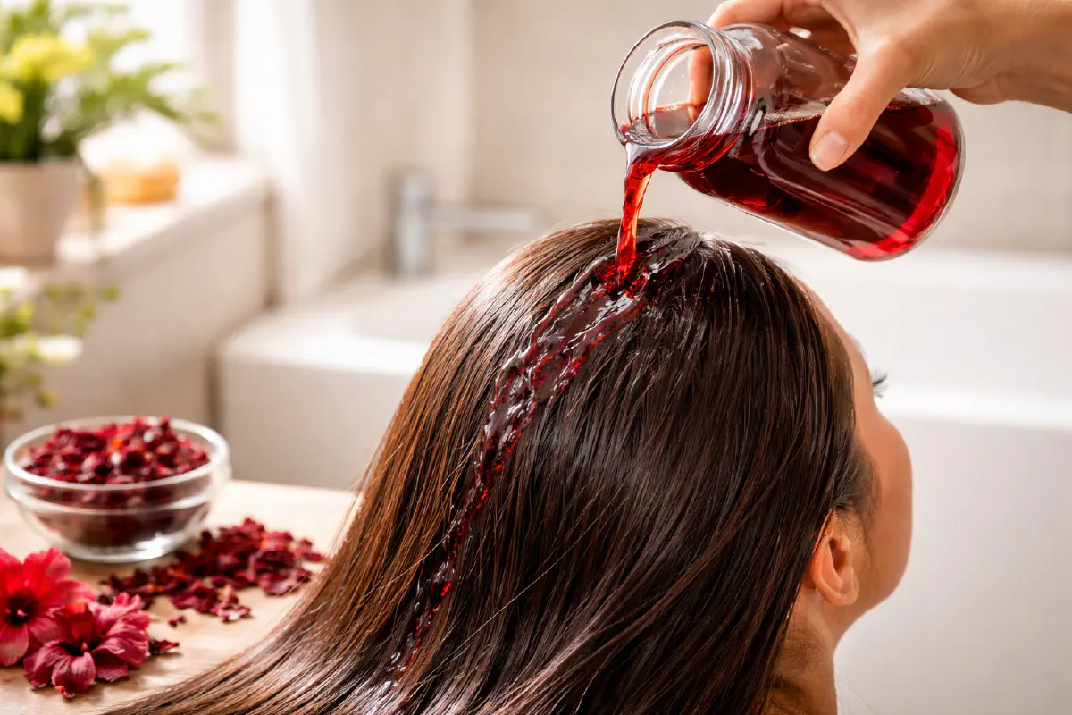 Hibiscus rinse over shiny hair