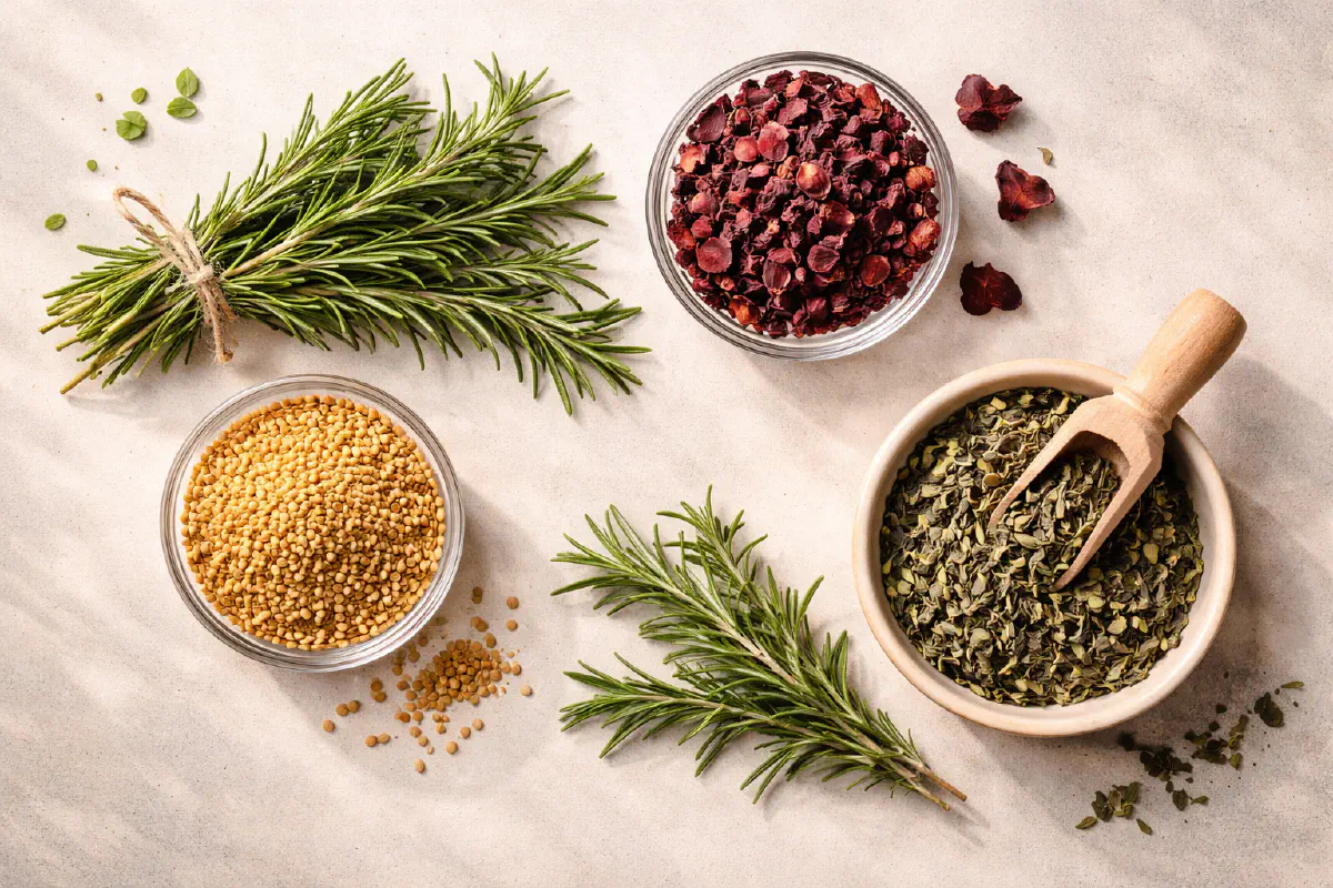 Natural hair care ingredients flat lay