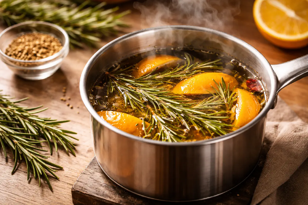 Simmering rosemary and orange infusion