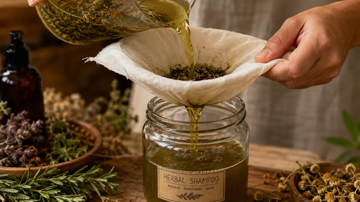 Straining homemade shikakai reetha shampoo liquid