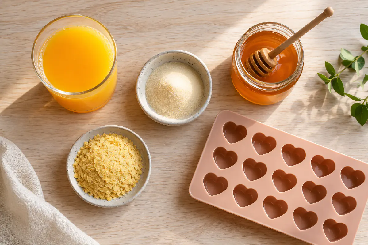 Ingredients used in food-based DIY hair gummies: orange juice, gelatin, honey, nutritional yeast