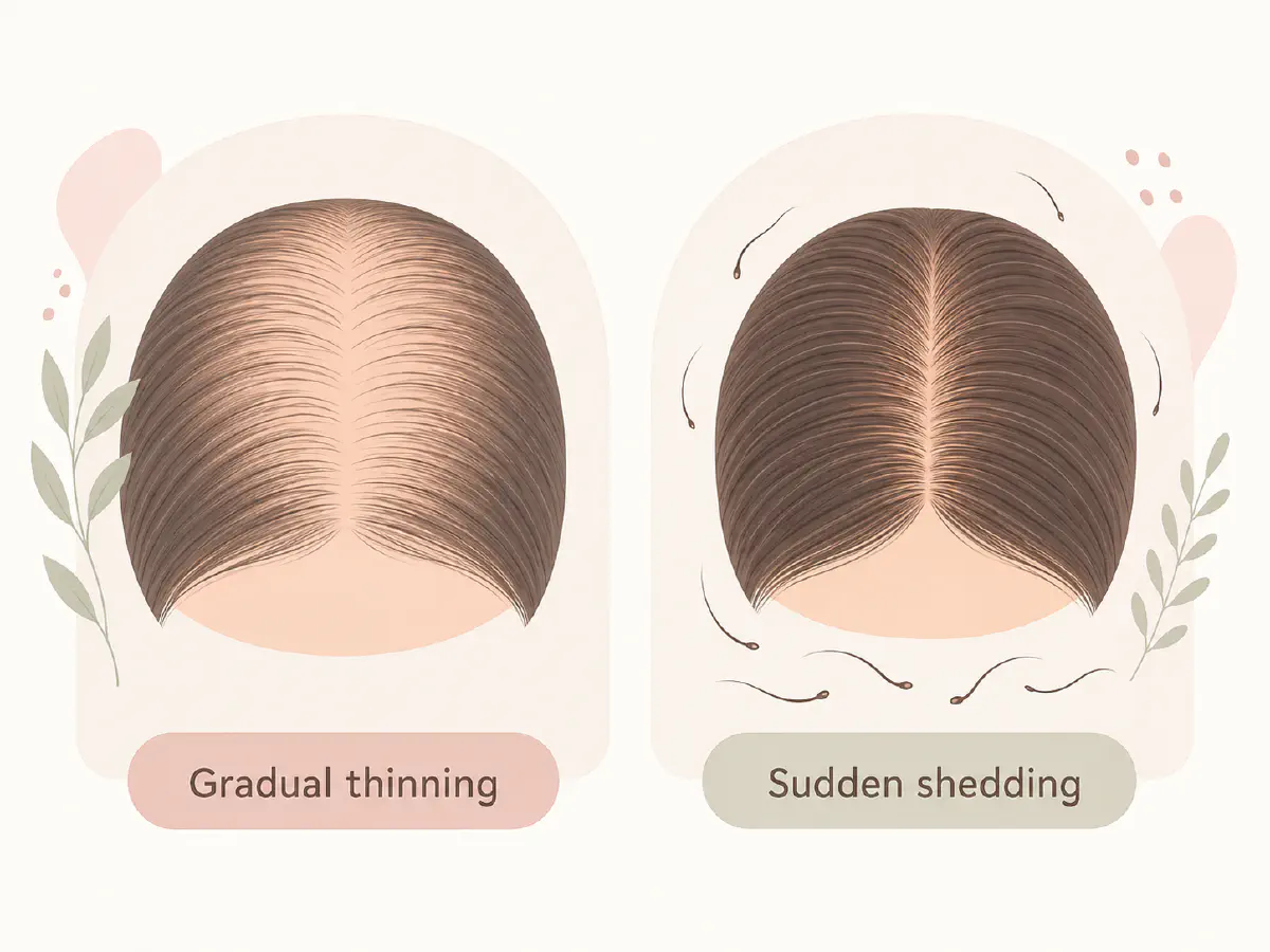 Comparing gradual anagen-driven thinning versus sudden telogen effluvium shedding