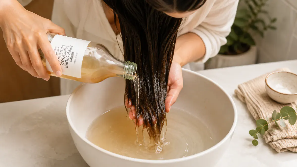 Applying an apple cider vinegar rinse as a final hair wash step