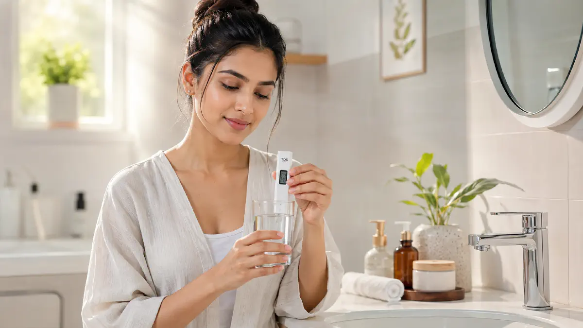 Testing tap water hardness with a TDS meter before a hair care routine