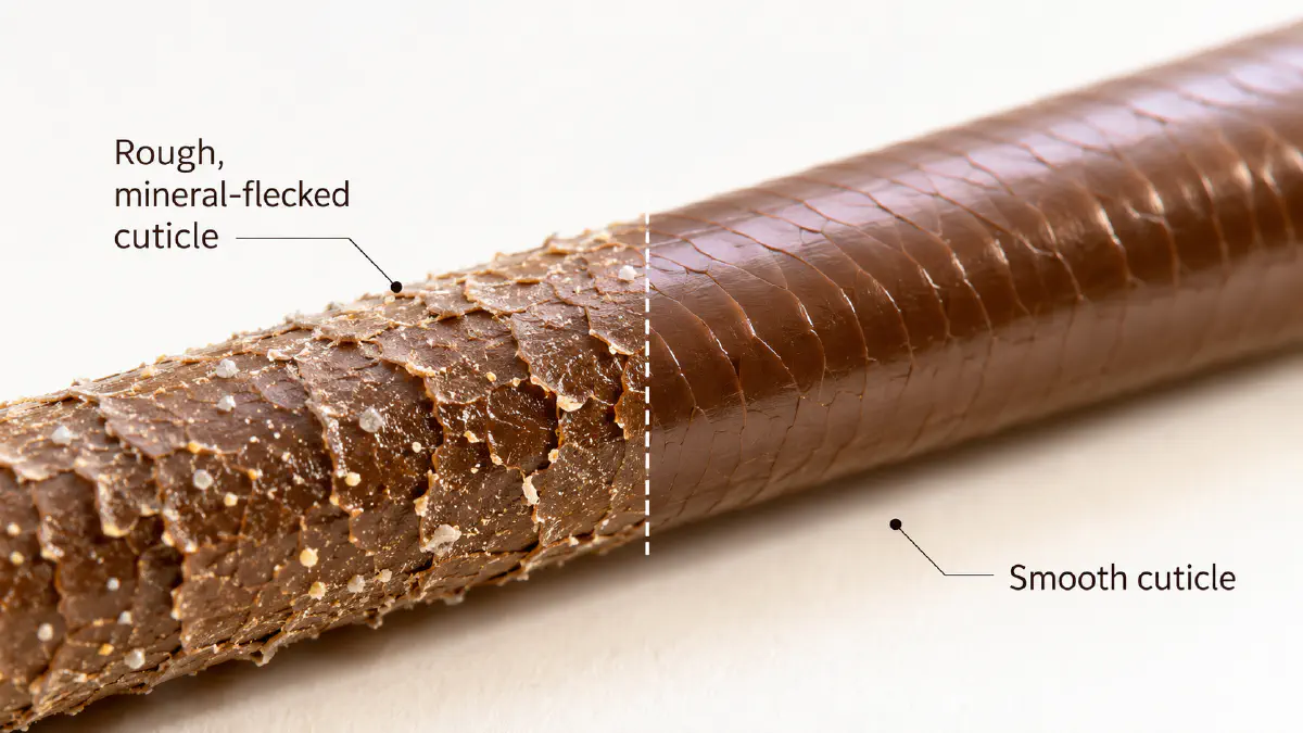 Close-up of mineral buildup and roughened cuticle on a hair strand