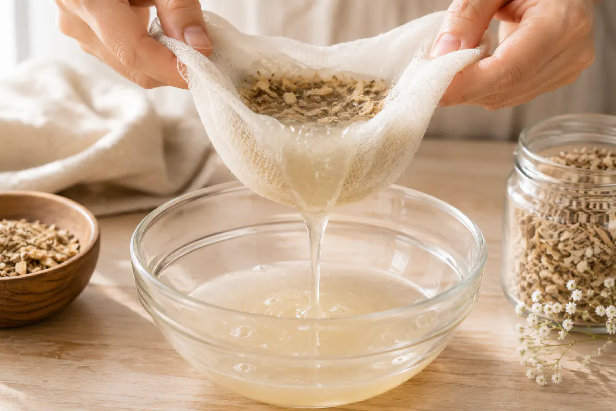 Straining marshmallow root mucilage through cheesecloth
