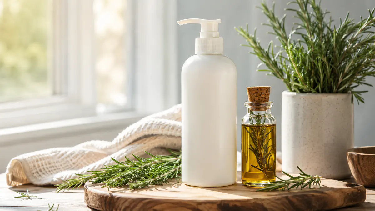 Sulfate-free shampoo bottle next to rosemary oil