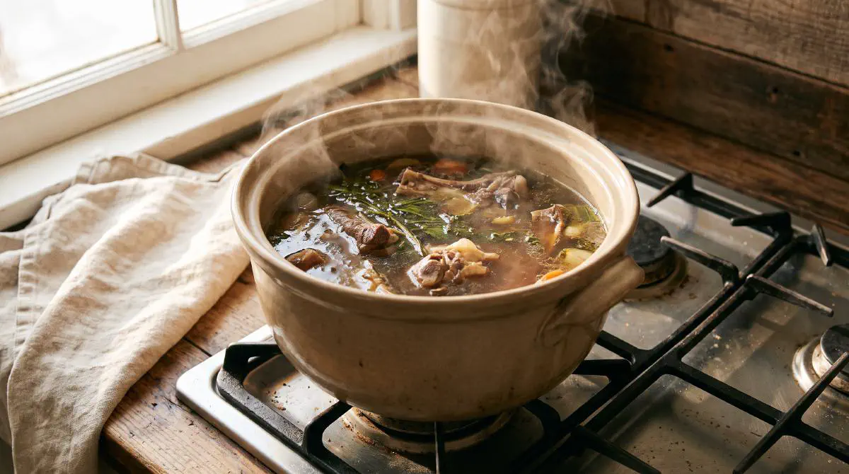 Bone broth collagen soup simmering slowly on the stove