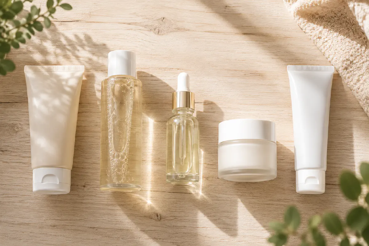 A complete morning and evening skincare routine laid out in order