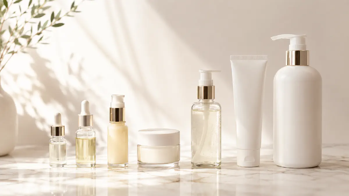 Skincare products lined up in application order