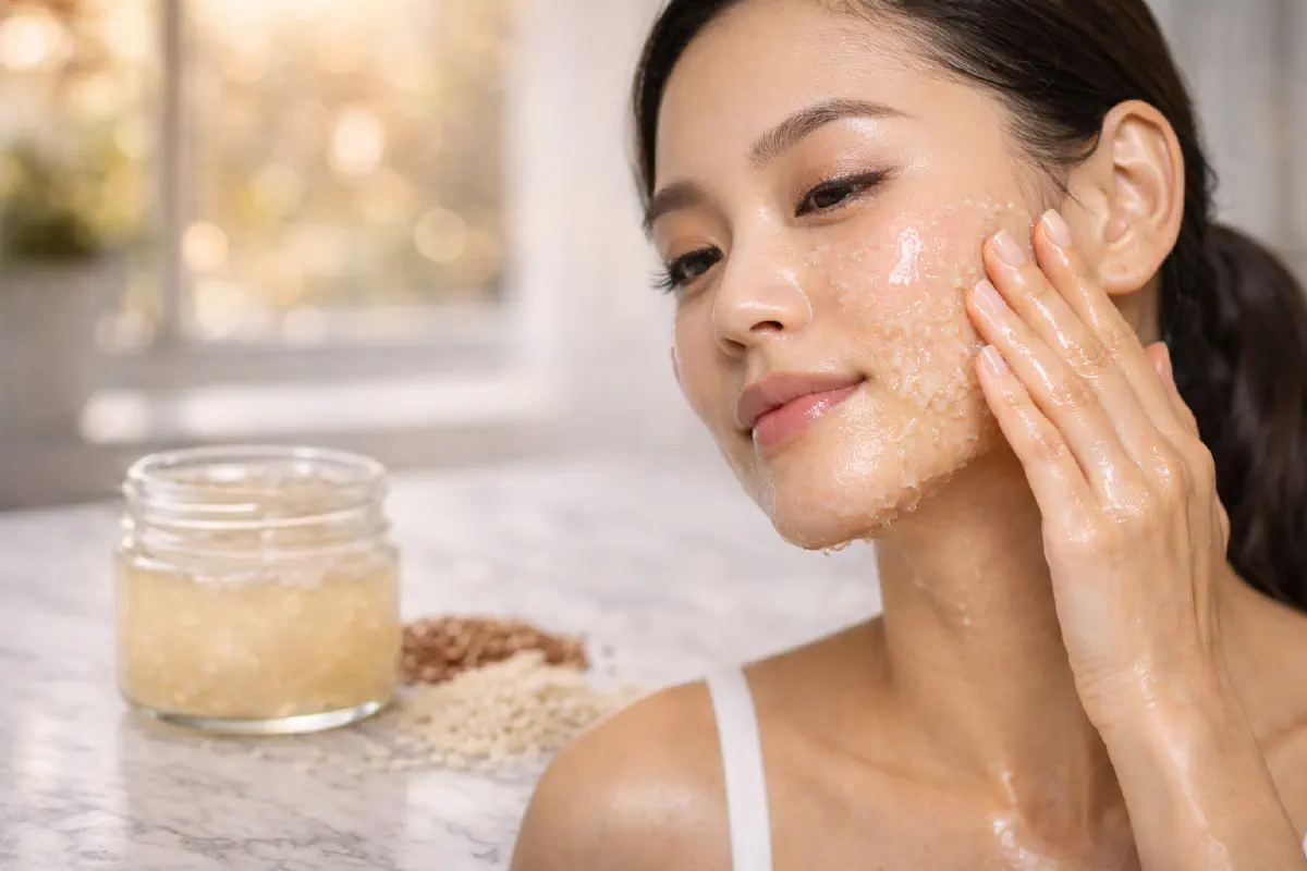 Applying rice water and flaxseed gel on face for glass skin glow