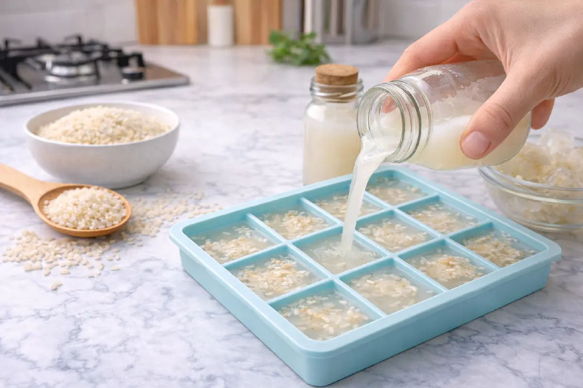 Pouring rice water into an ice cube tray